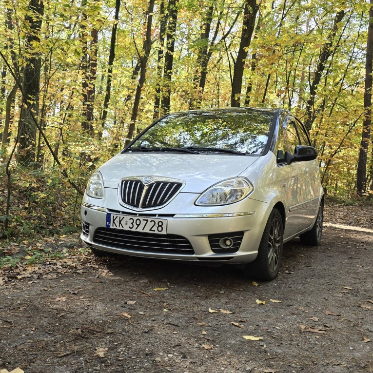 Lancia. Widok z przodu na tle jesiennego lasu.